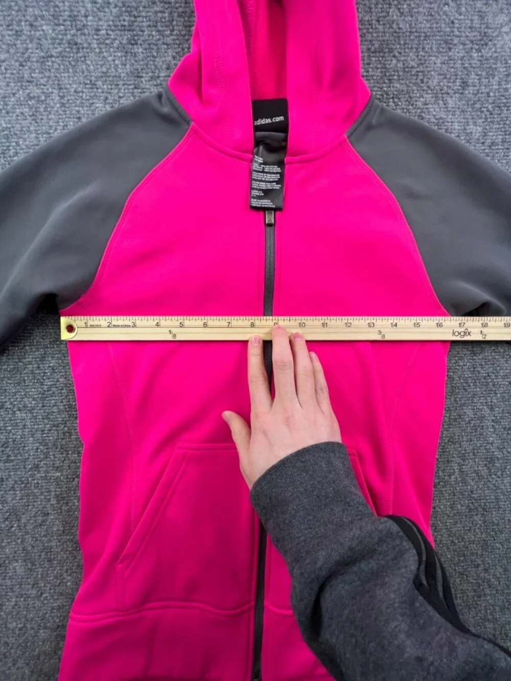 Adidas Girls Jacket 14 Large Gray Pink Hoodie Full Zip w Logo Fleece Inside
